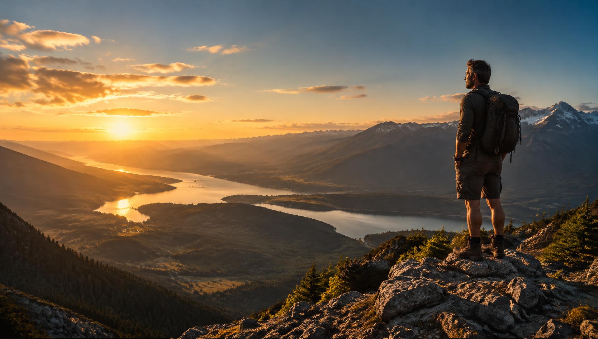 Man looking out from a mountain summit at sunset