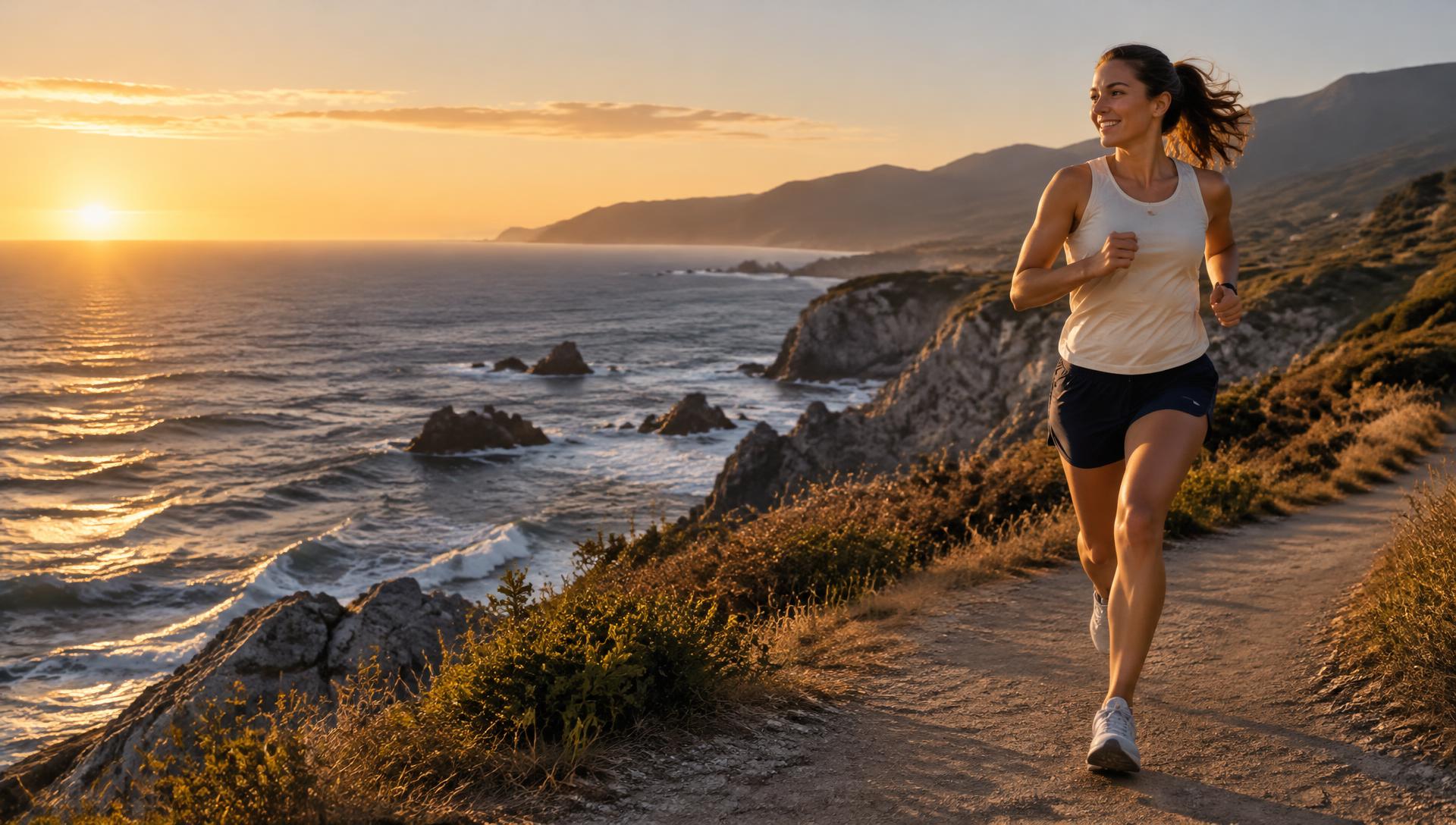 Woman running a coastal trail at sunset